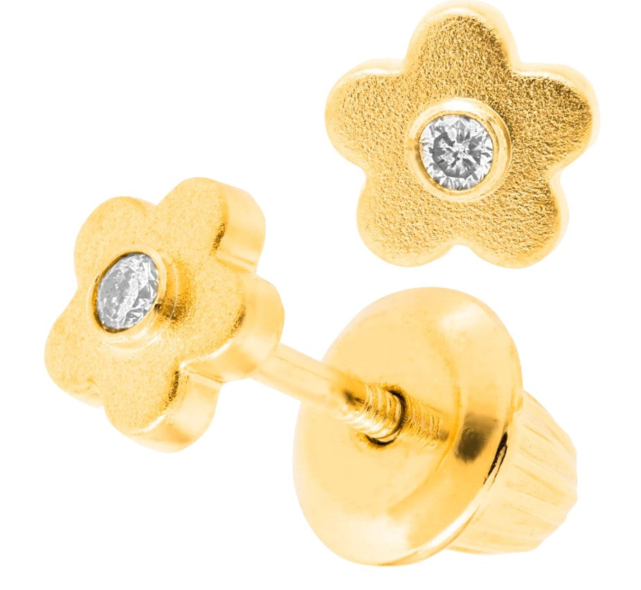 Children's 14K Gold Satin Finish Flower Stud Diamond Earrings