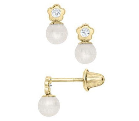 Children's 14K Gold Flower And Pearl Drop CZ Earrings