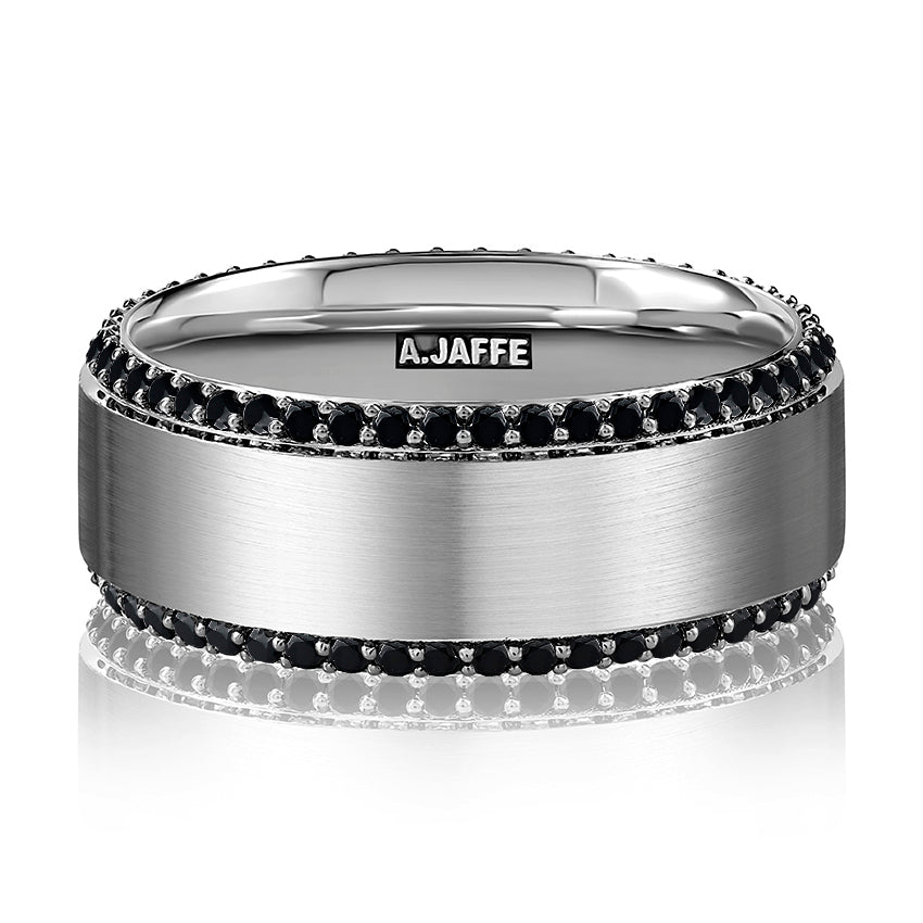 14K White Gold Gray Satin Center Black Diamond Wedding Band