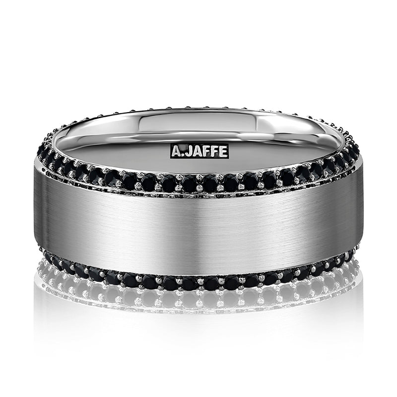 14K White Gold Gray Satin Center Black Diamond Wedding Band