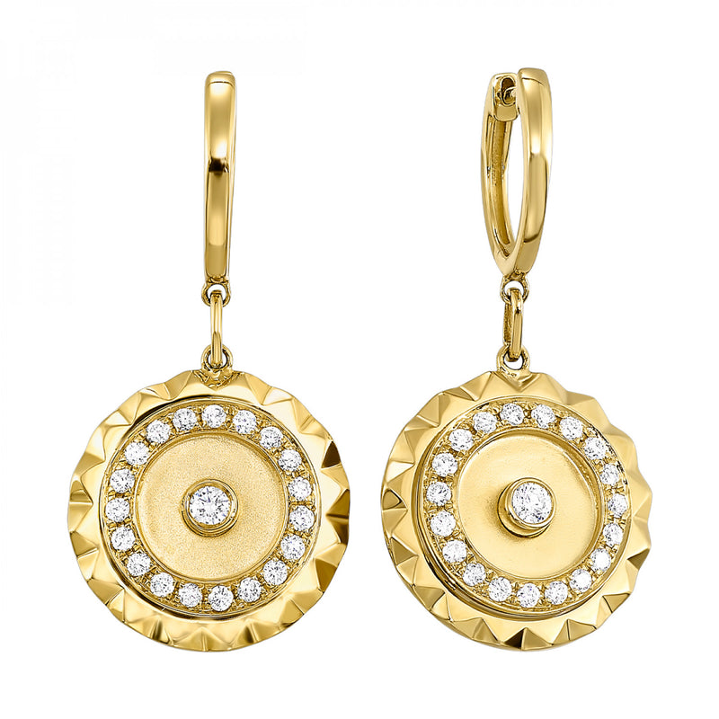 14K Yellow Gold Medallion Dangle Diamond Earrings