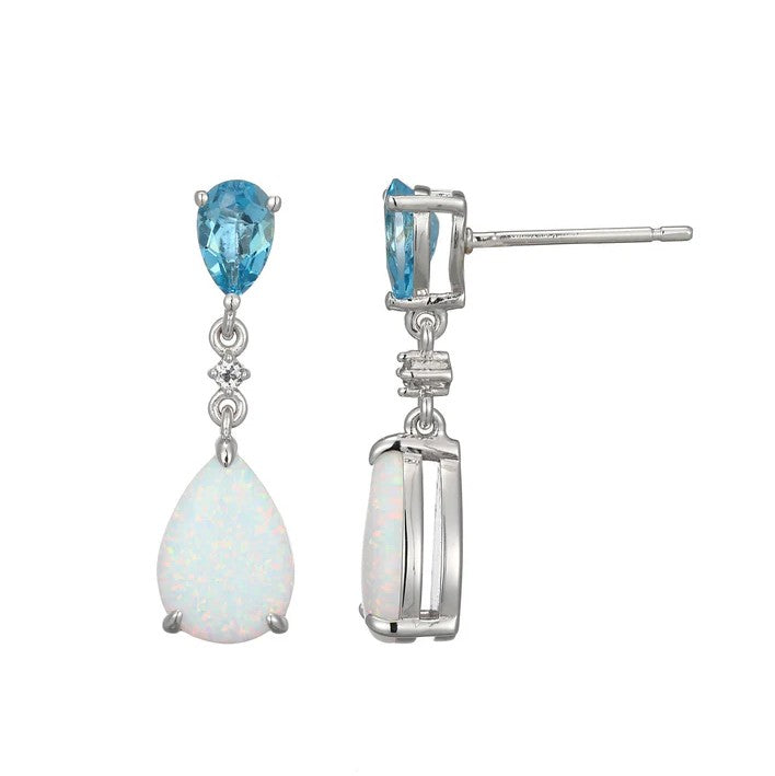 Silver Dangle Drop Earrings with Lab Created Opals, Blue and White Topaz
