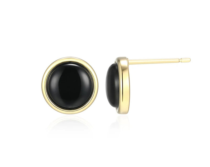 Gold Plated Round Black Agate Button Earrings