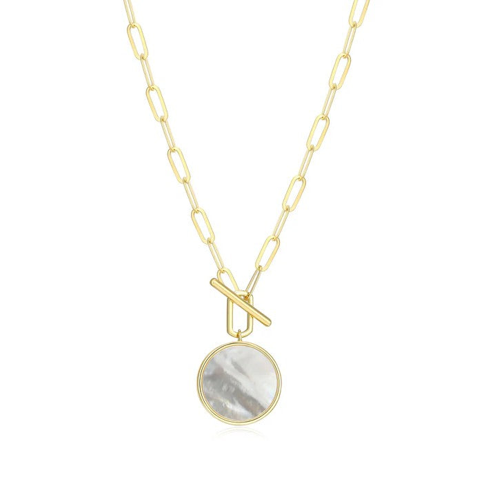Gold Plated Paperclip Necklace with Mother of Pearl Medallion