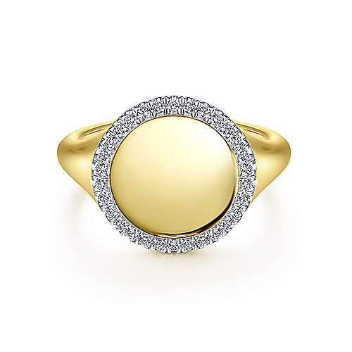 14K Yellow Gold Contemporary Signet Diamond Fashion Ring