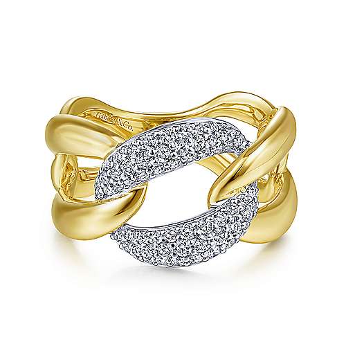 Lady's Yellow 14 Karat Contemporary Large Chain Link Diamond Fashion Ring Size 6.5