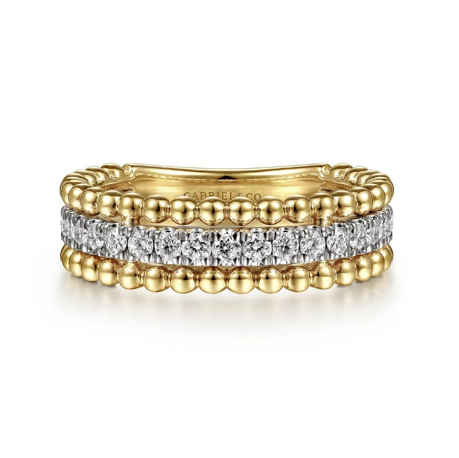 Two Tone 14K Yellow & White Gold Three Row Bujukan Beaded Ring