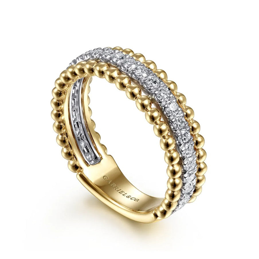 Two Tone 14K Yellow & White Gold Three Row Bujukan Beaded Ring