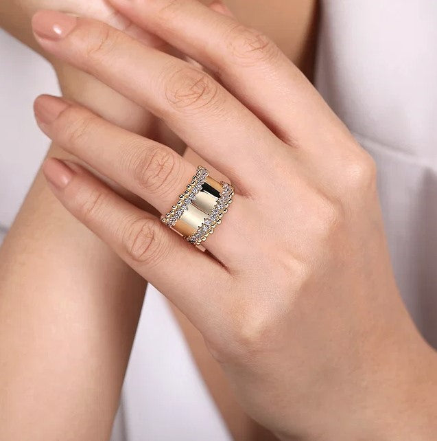 14K Yellow Gold Wide Band Diamond Fashion Ring