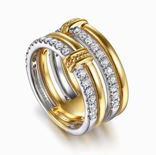 Two & Tone 14K Yellow & White Gold Four Row Diamond Fashion Ring