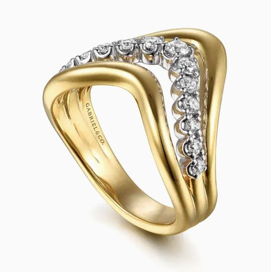 Two Tone 14K Yellow & White Chevron Diamond Fashion Ring
