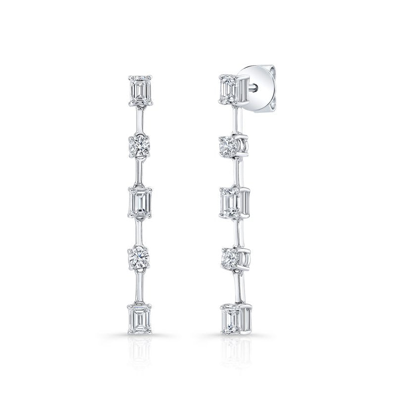 18K White Gold Emerald and Round Cut Diamond Drop Earrings