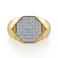 14K Yellow Gold Polished Faceted Signet Pave Diamond Ring