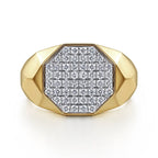 14K Yellow Gold Polished Faceted Signet Pave Diamond Ring