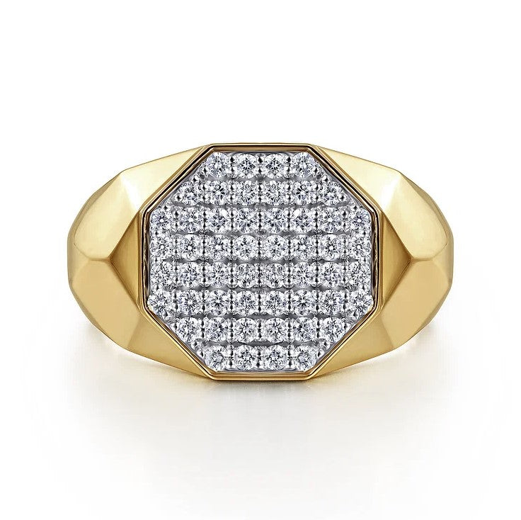 14K Yellow Gold Polished Faceted Signet Pave Diamond Ring