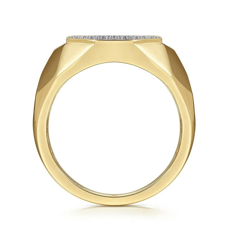 14K Yellow Gold Polished Faceted Signet Pave Diamond Ring