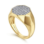 14K Yellow Gold Polished Faceted Signet Pave Diamond Ring