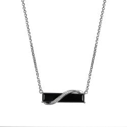 Lady's White Sterling Silver Black Agate Cz Bar Rolo Chain Necklace