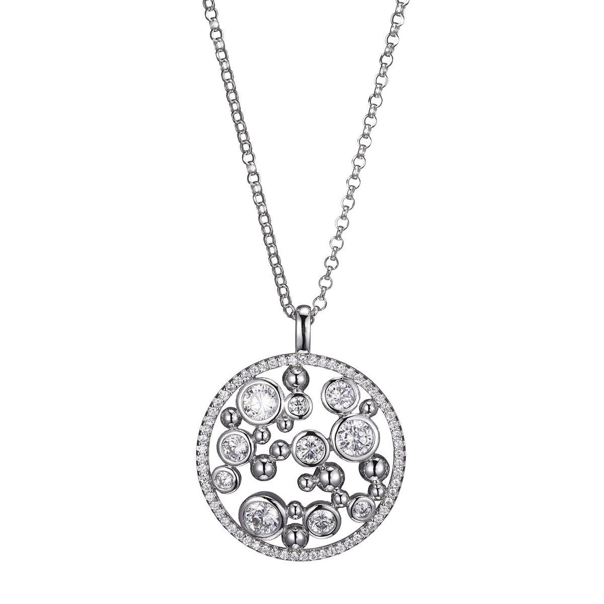 Lady's White Sterling Silver Halo Bubbles Cz Design Pendant