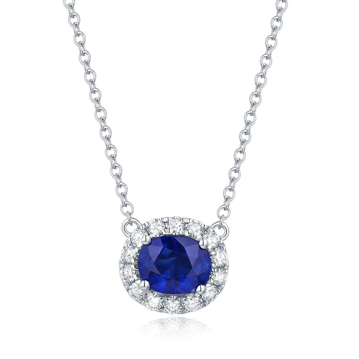 Lady's White 14 Karat Fancy Link Sapphire Diamond Halo Necklace Length 17