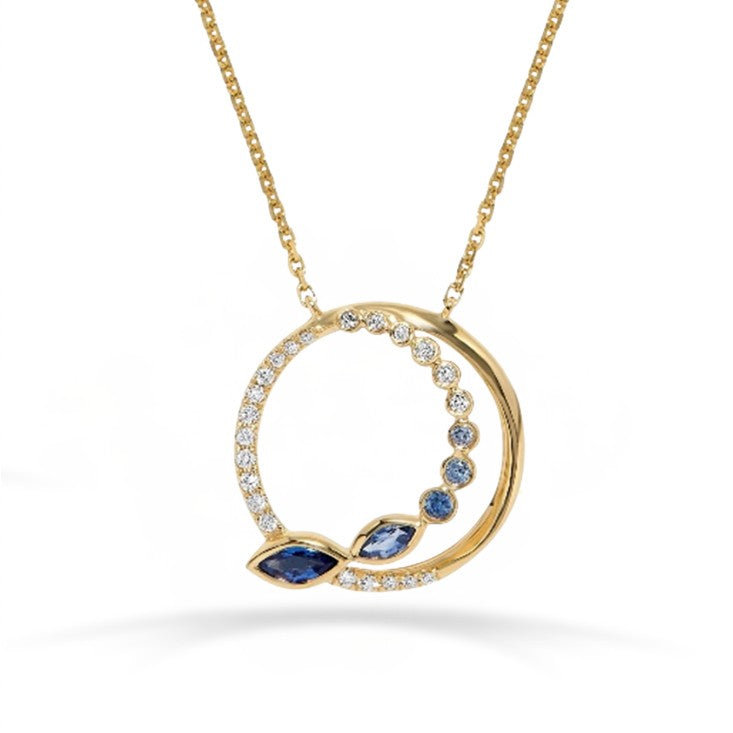 14K Yellow Gold Graduated Marquise, Blue Sapphire & Round Diamond Circle Necklace