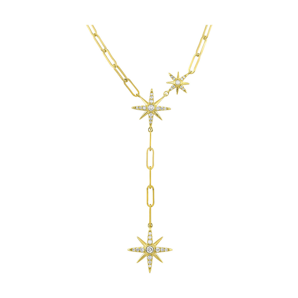 14K Gold Paper Clip Y-Drop Star Diamond Station Necklace
