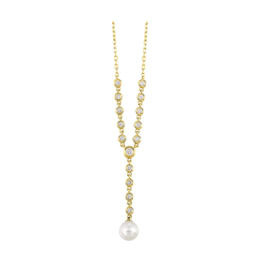 14K Yellow Gold Pearl Y-Drop Diamond Station Necklace