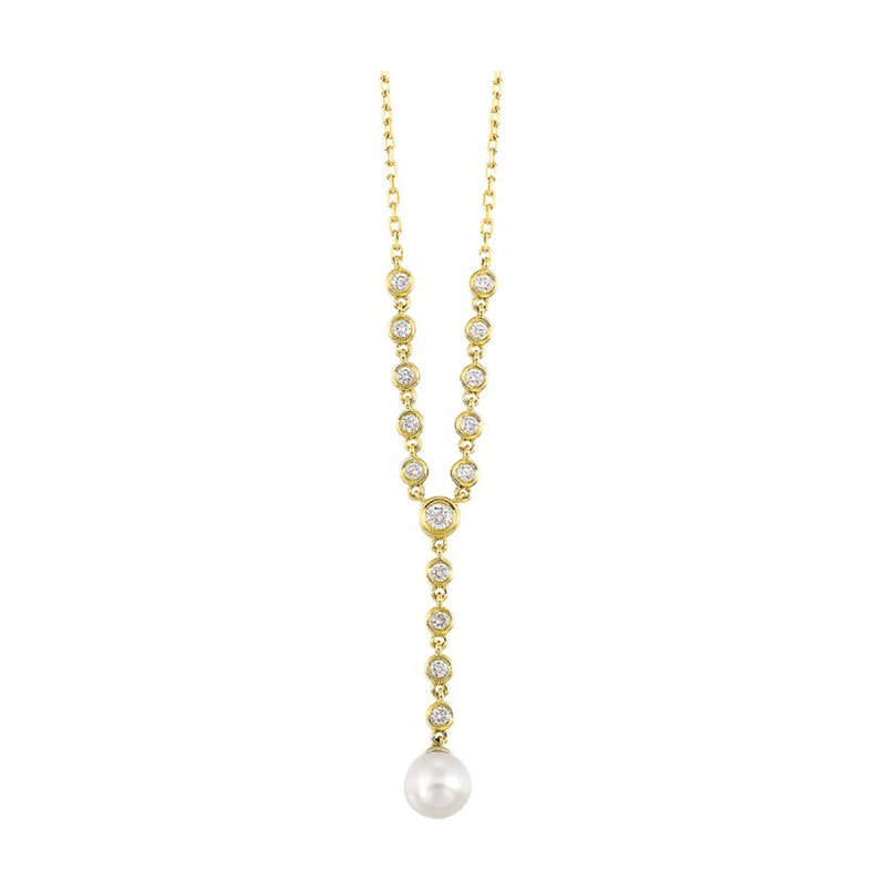 14K Yellow Gold Pearl Y-Drop Diamond Station Necklace