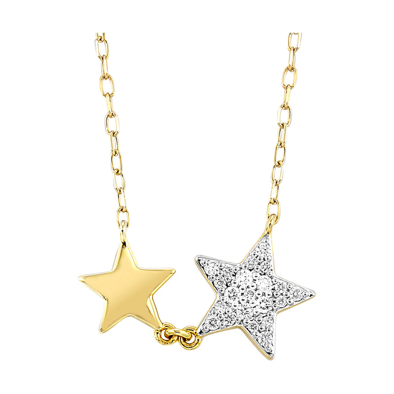 14K Yellow & White Gold Double Star Diamond Pave Necklace