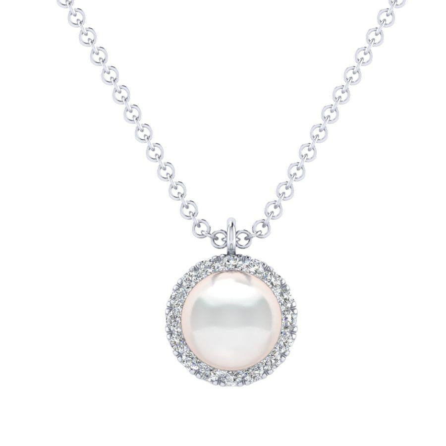 14K White Gold Pearl And Diamond Halo  Necklace