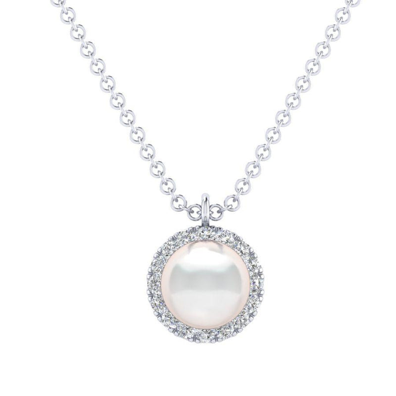Lady's White 14 Karat Pearl And Diamond Halo Fancy Link Necklace Length 17.5