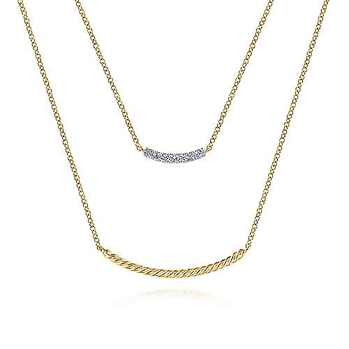 Lady's Yellow 14 Karat Layered Twisted Diamond Bar Necklace Length 17.5