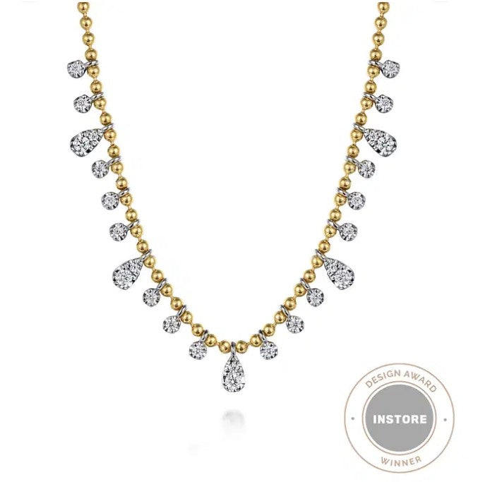 Two Tone 14K Yellow & White Gold Station Droplet Diamond Necklace
