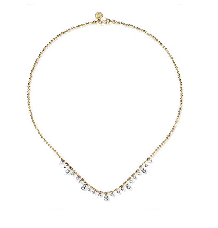 Two Tone 14K Yellow & White Gold Station Droplet Diamond Necklace