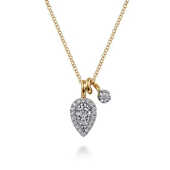 Two Tone 14K Yellow & White Gold Halo Pendant Necklace