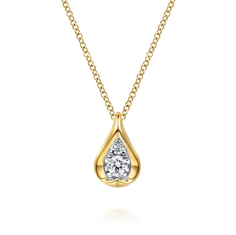 Two Tone 14K Yellow & White Gold Diamond Drop Pendant Necklace