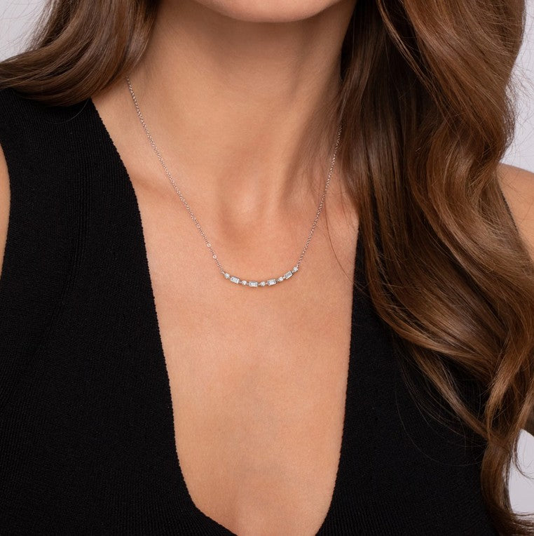 14K White Gold Alternating Diamond Bezel Bar Necklace