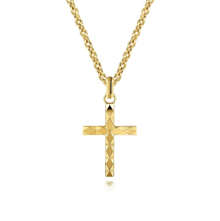 14K Yellow Gold Faceted Cross Pendant With Cable Chain