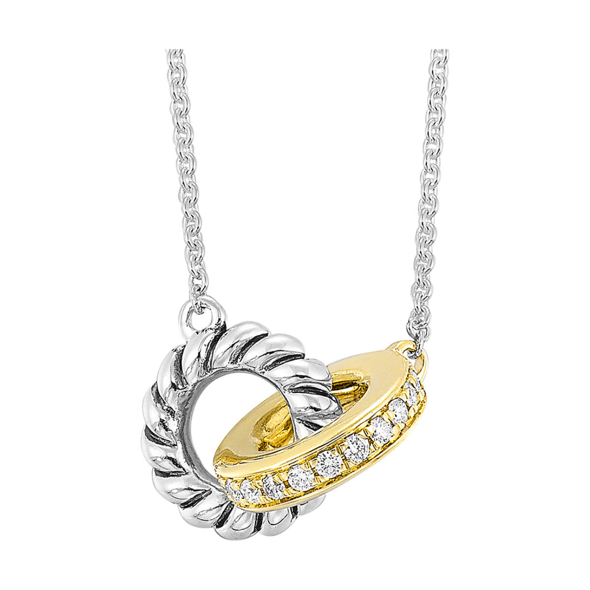 Two Tone Sterling Silver & 14K Yellow Gold Diamond Circle Double Necklace