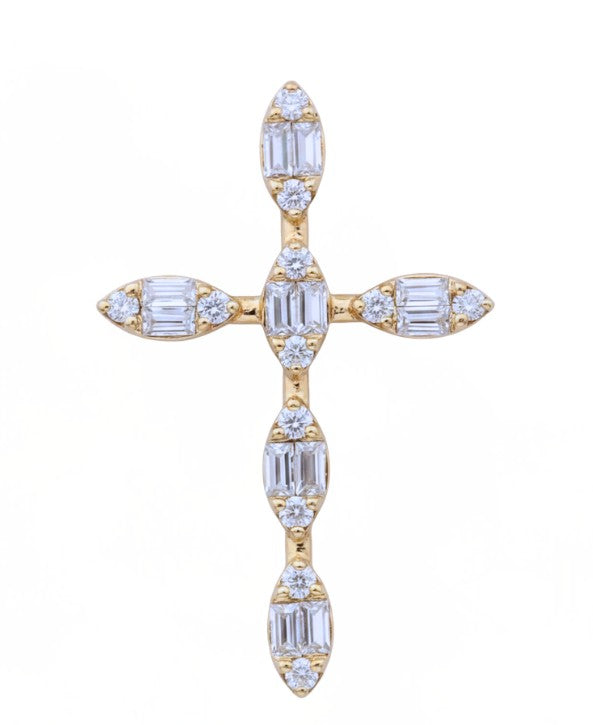 14K Gold Diamond Baguette Cross Pnedant