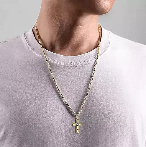 14K Yellow Gold Rectangular Station Gold Cross Pendant