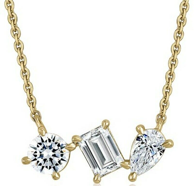 14K Yellow Gold Three Stone Diamond Necklace