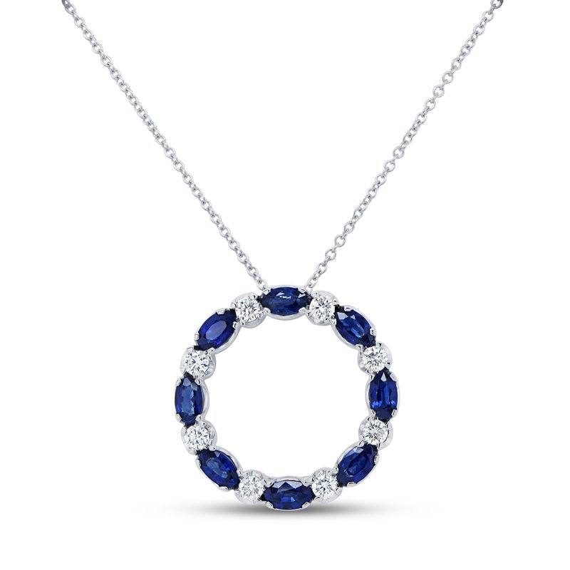 18K White Gold Oval Cut Blue Sapphire and Round Diamond Circle Necklace