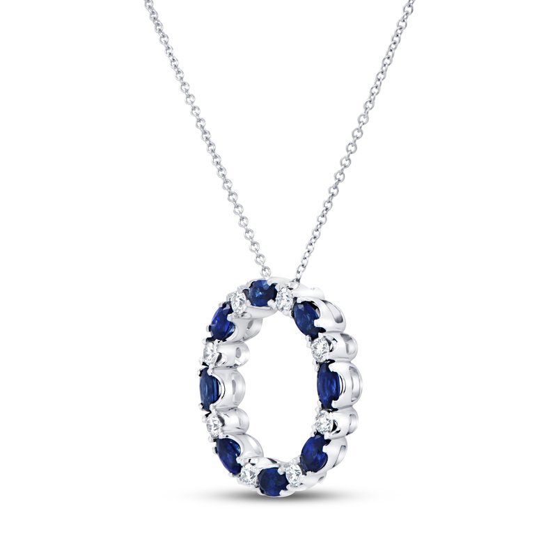 18K White Gold Oval Cut Blue Sapphire and Round Diamond Circle Necklace