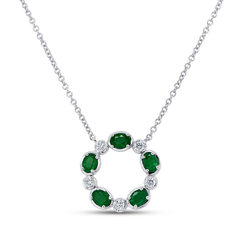 18K White Gold Oval Cut Emerald and Round Diamond Circle Necklace