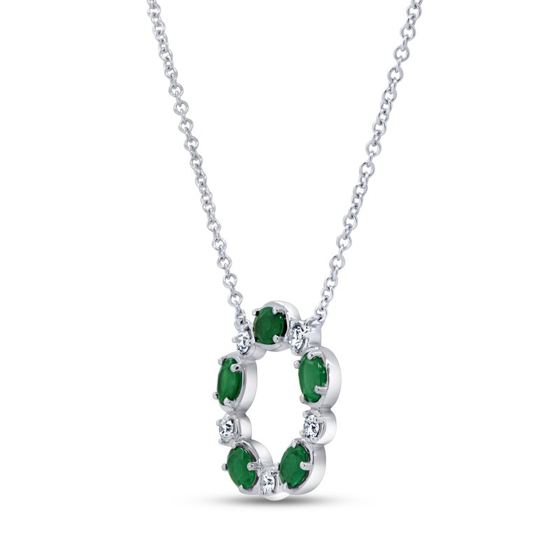 18K White Gold Oval Cut Emerald and Round Diamond Circle Necklace
