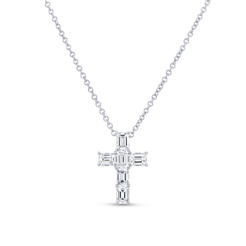 18K White Gold Emerald Diamond Cross Pendant