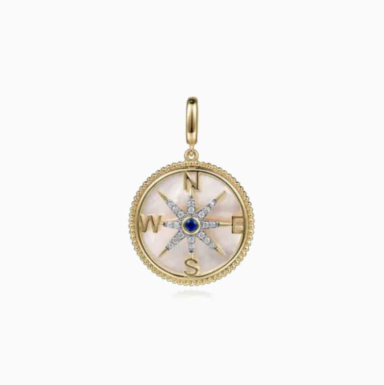 14K Yellow Gold Diamond Blue Sapphire Compass Medallion Pendant