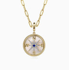 14K Yellow Gold Diamond Blue Sapphire Compass Medallion Pendant