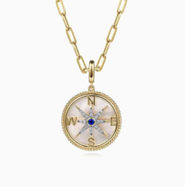14K Yellow Gold Diamond Blue Sapphire Compass Medallion Pendant